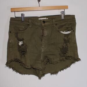Oasis By Eunina Olive Green Denim Distressed Shorts Size L